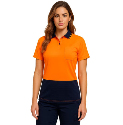 "Ladies’ Hi-Vis Short Sleeve polo shirt in orange navy, model front – Big Bee Workwear"