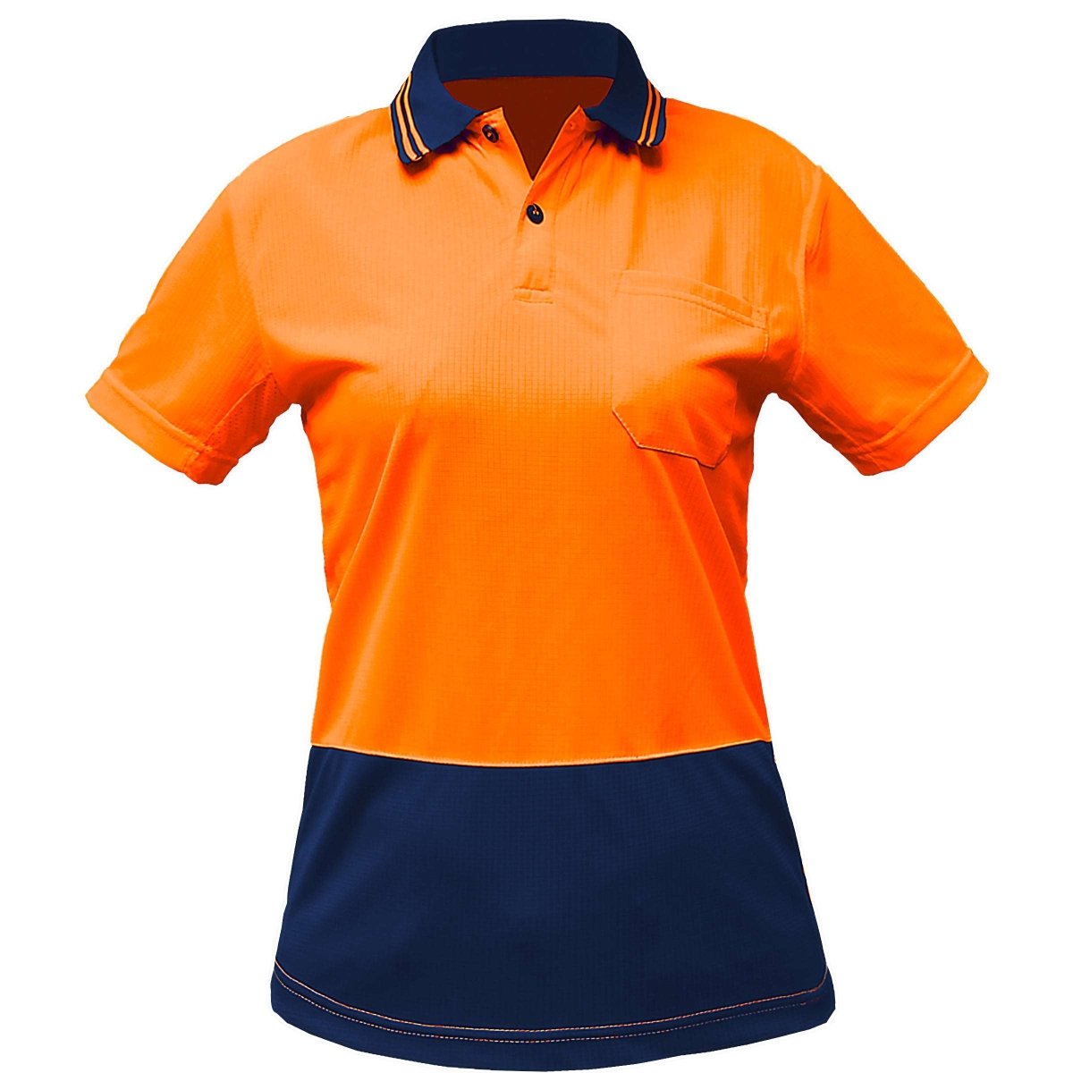 "Ladies’ Hi-Vis Short Sleeve polo shirt in orange navy, front – Big Bee Workwear"