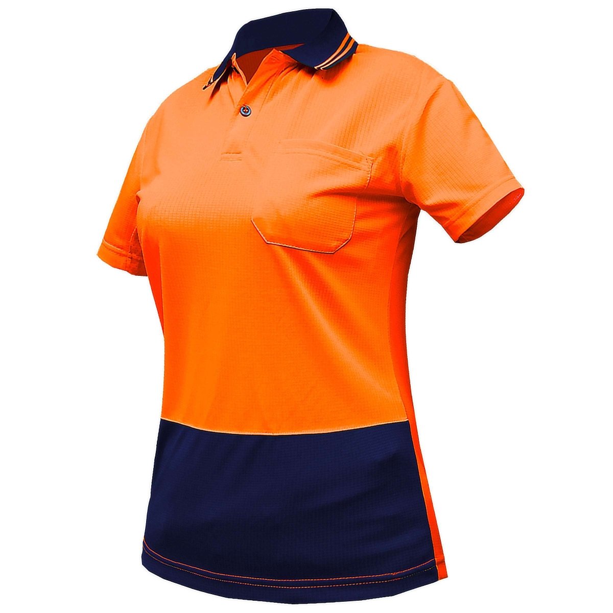 "Ladies’ Hi-Vis Short Sleeve polo shirt in orange navy, side – Big Bee Workwear"