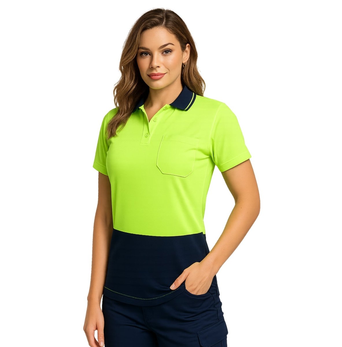 "Ladies’ Hi-Vis Short Sleeve polo shirt in yellow navy, model front – Big Bee Workwear"