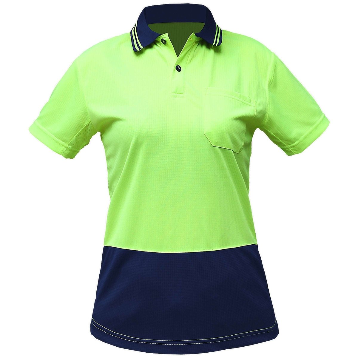 "Ladies’ Hi-Vis Short Sleeve polo shirt in yellow navy, front – Big Bee Workwear"