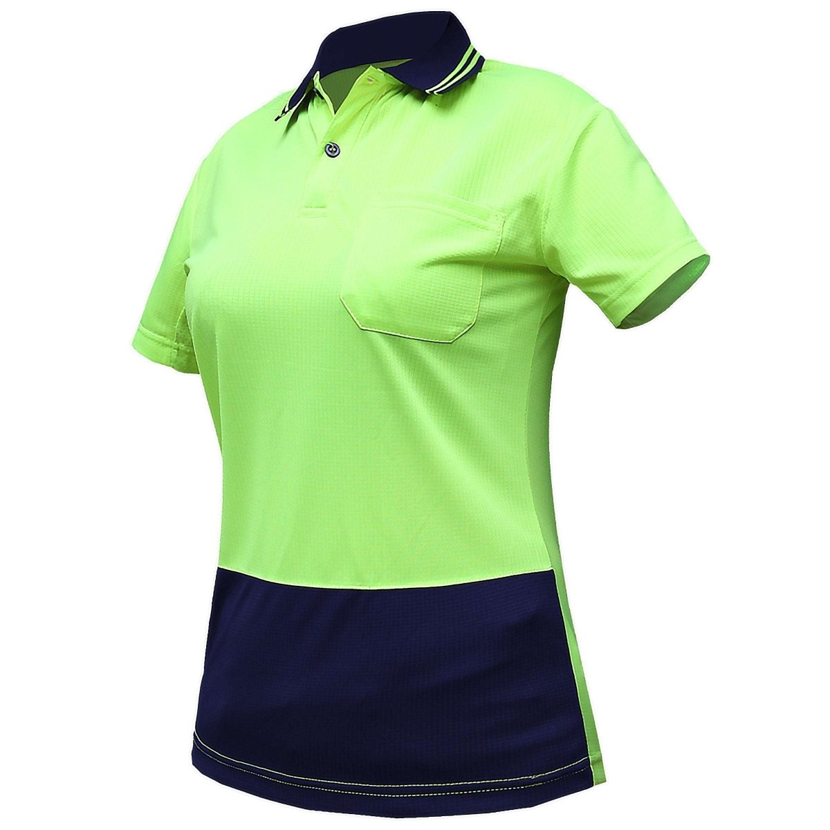 "Ladies’ Hi-Vis Short Sleeve polo shirt in yellow navy, side – Big Bee Workwear"