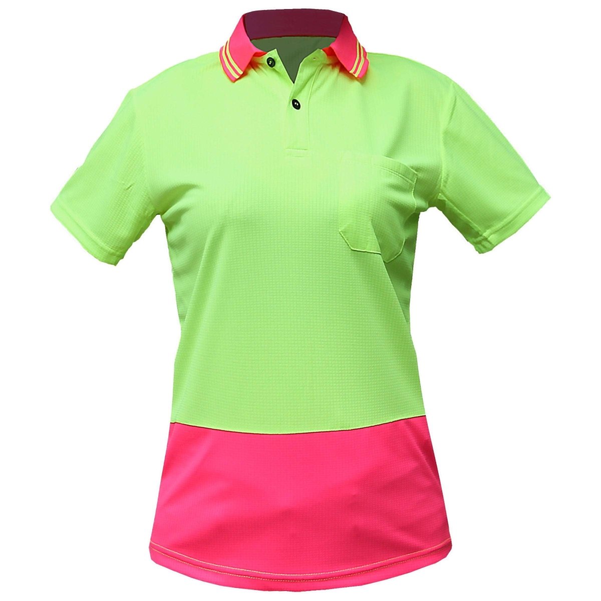 "Ladies’ Hi-Vis Short Sleeve polo shirt in yellow pink, model front – Big Bee Workwear"