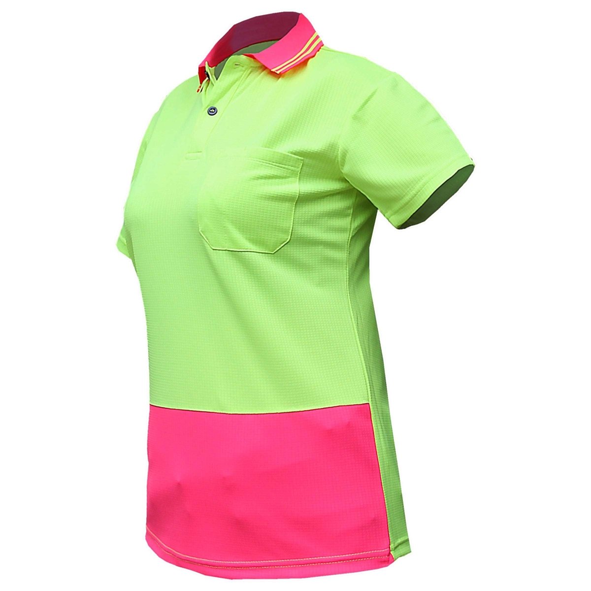 "Ladies’ Hi-Vis Short Sleeve polo shirt in yellow pink, model side – Big Bee Workwear"