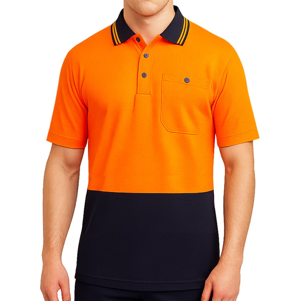 "Hi-Vis Short Sleeve Work polo shirt in orange navy, model front – Big Bee Workwear"