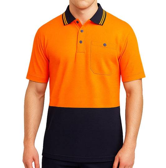 "Hi-Vis Short Sleeve Work polo shirt in orange navy, model front – Big Bee Workwear"