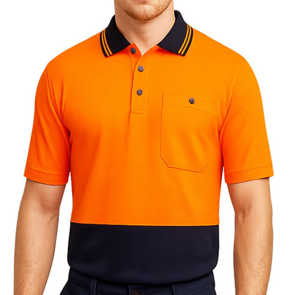 "Hi-Vis Short Sleeve Work polo shirt in orange navy, model posed – Big Bee Workwear"