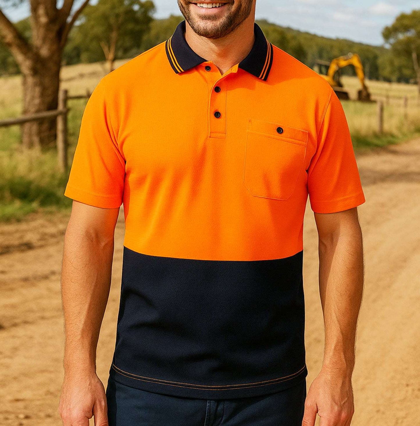 "Hi-Vis Short Sleeve Work polo shirt in orange navy, model lifestyle scene – Big Bee Workwear"