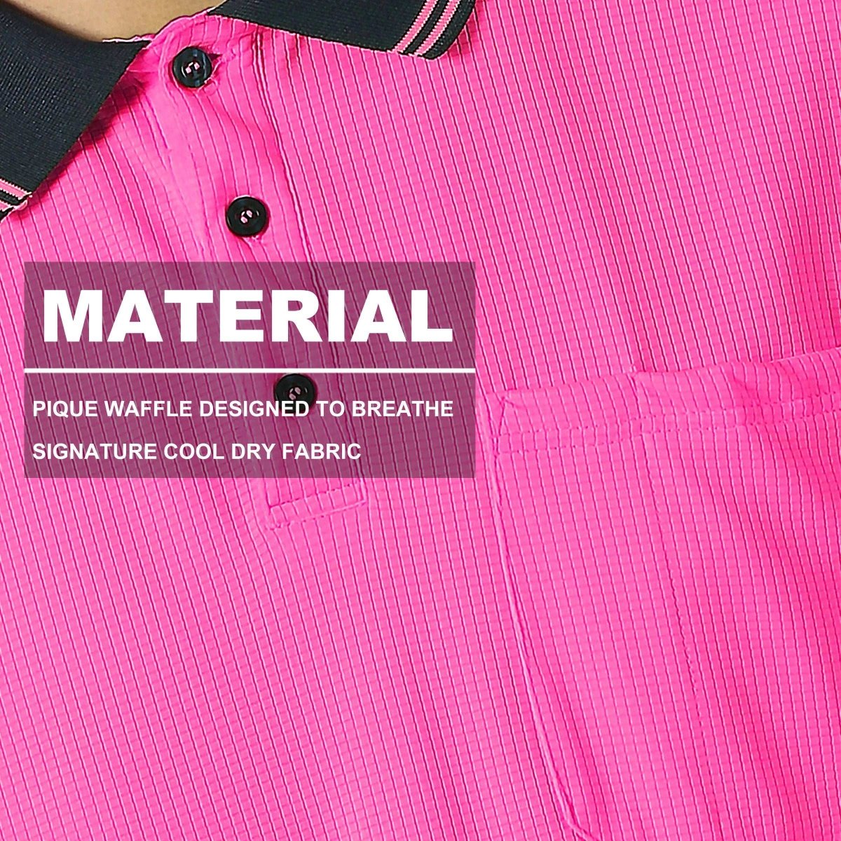 "Hi-Vis Short Sleeve Work polo shirt fabric close-up with info – Big Bee Workwear"