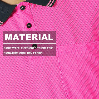 "Hi-Vis Short Sleeve Work polo shirt fabric close-up with info – Big Bee Workwear"