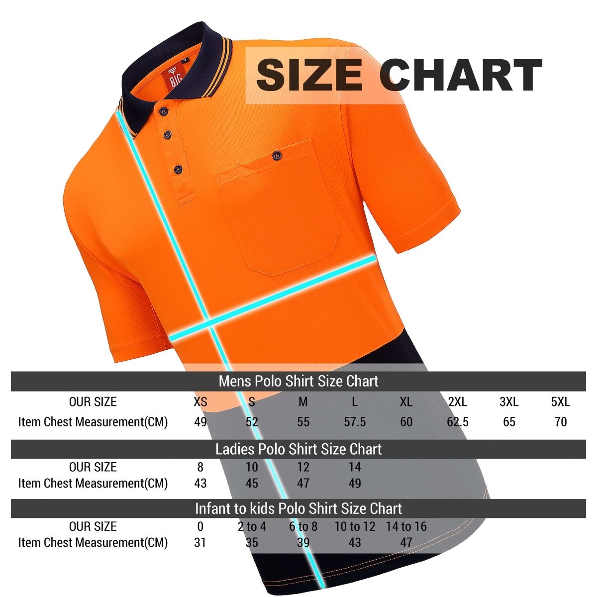 "Hi-Vis Short Sleeve Work polo shirt size chart – Big Bee Workwear"