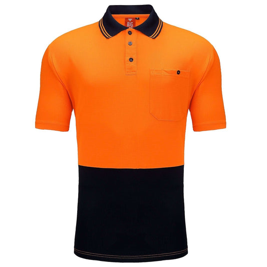 Hi-Vis Short Sleeve Work polo shirt in orange navy, front – Big Bee Workwear