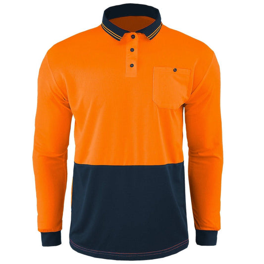 Hi-Vis Long Sleeve Work polo shirt in orange navy, front – Big Bee Workwear