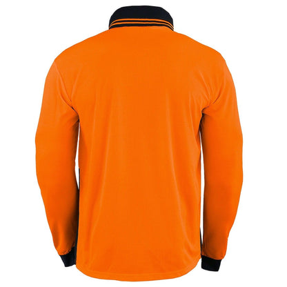"Hi-Vis Long Sleeve Work polo shirt in orange navy, back – Big Bee Workwear"