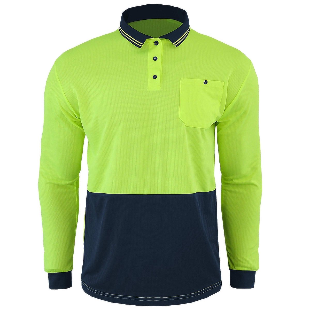 Hi-Vis Long Sleeve Work polo shirt in yellow navy, front – Big Bee Workwear