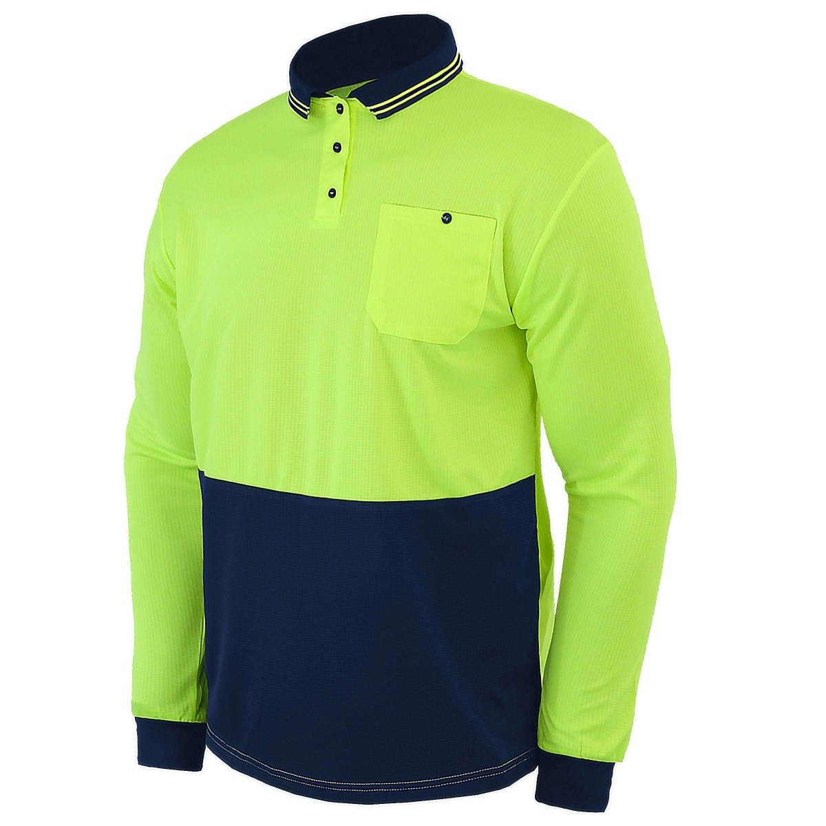 "Hi-Vis Long Sleeve Work polo shirt in yellow navy, side – Big Bee Workwear"