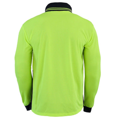 "Hi-Vis Long Sleeve Work polo shirt in yellow navy, back – Big Bee Workwear"