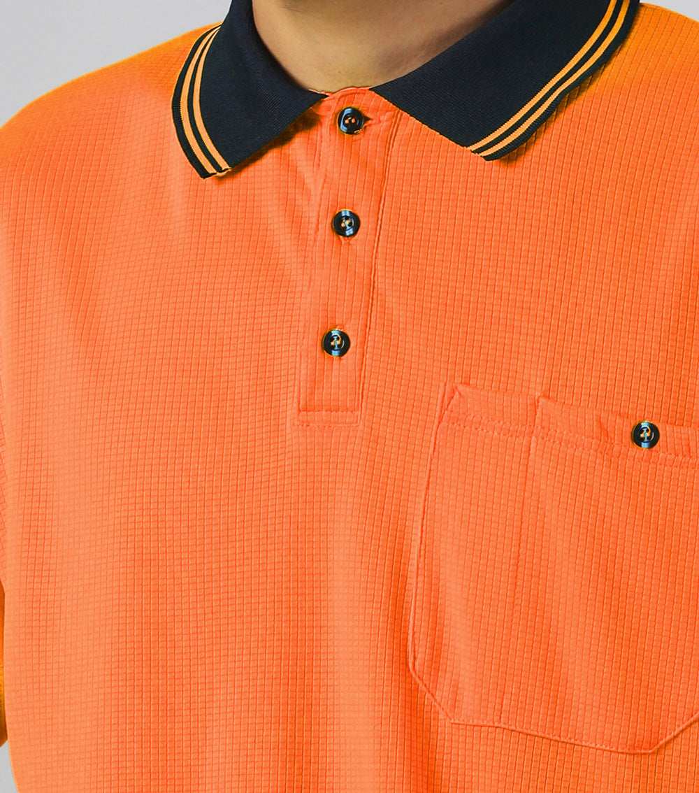 "Hi-Vis Long Sleeve Work polo shirt chest detail close-up – Big Bee Workwear"