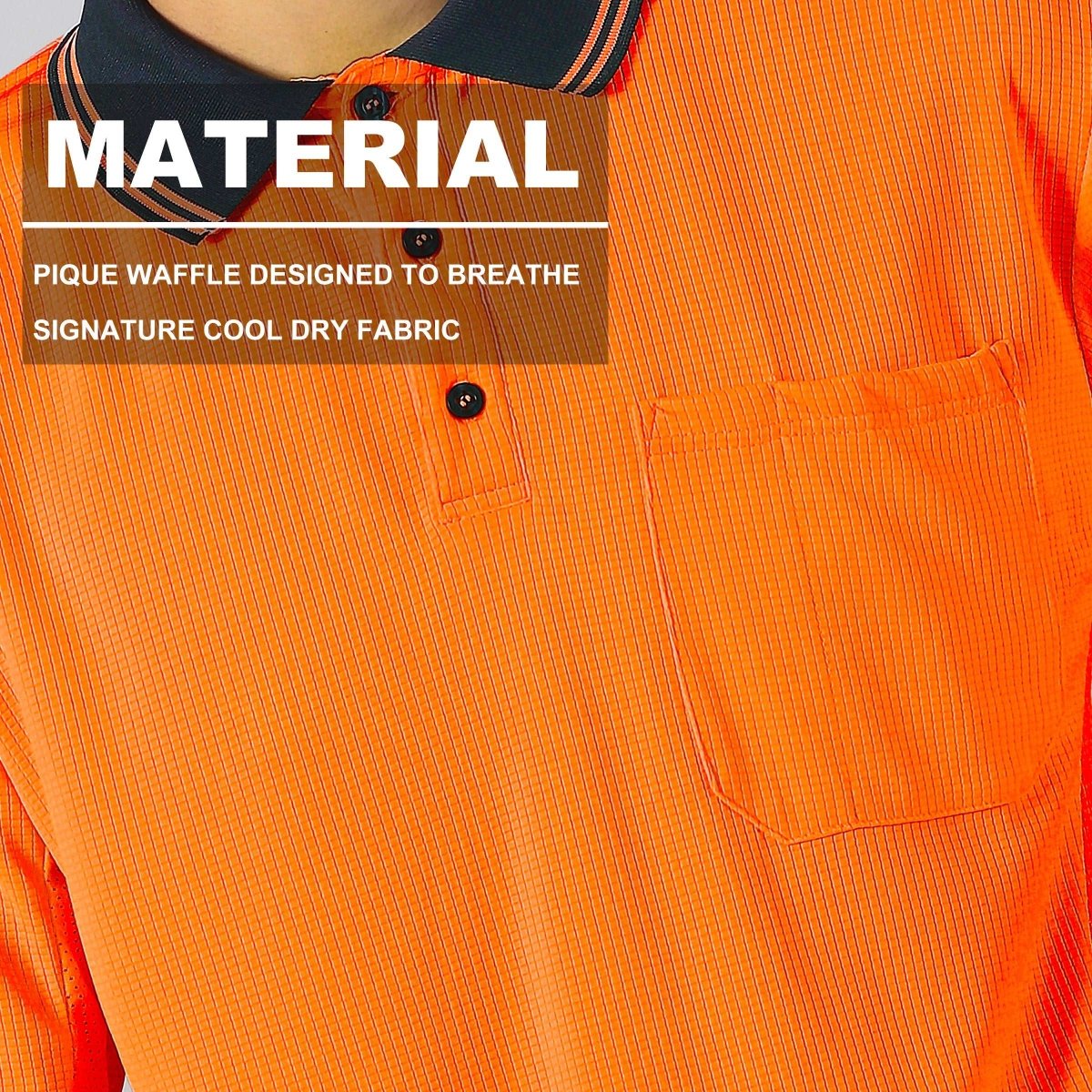 "hivis work polo shirt fabric close-up with info – Big Bee Workwear"