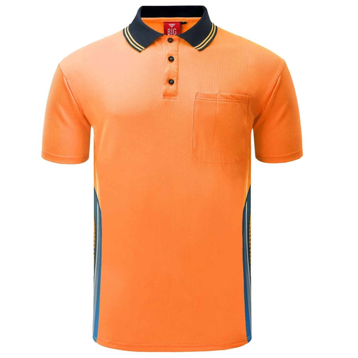 "TECH Hi-Vis work polo shirt in orange navy, Short Sleeve, front – Big Bee Workwear"