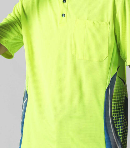 "TECH Hi-Vis work polo shirt, Short Sleeve, front side detail close-up – Big Bee Workwear"