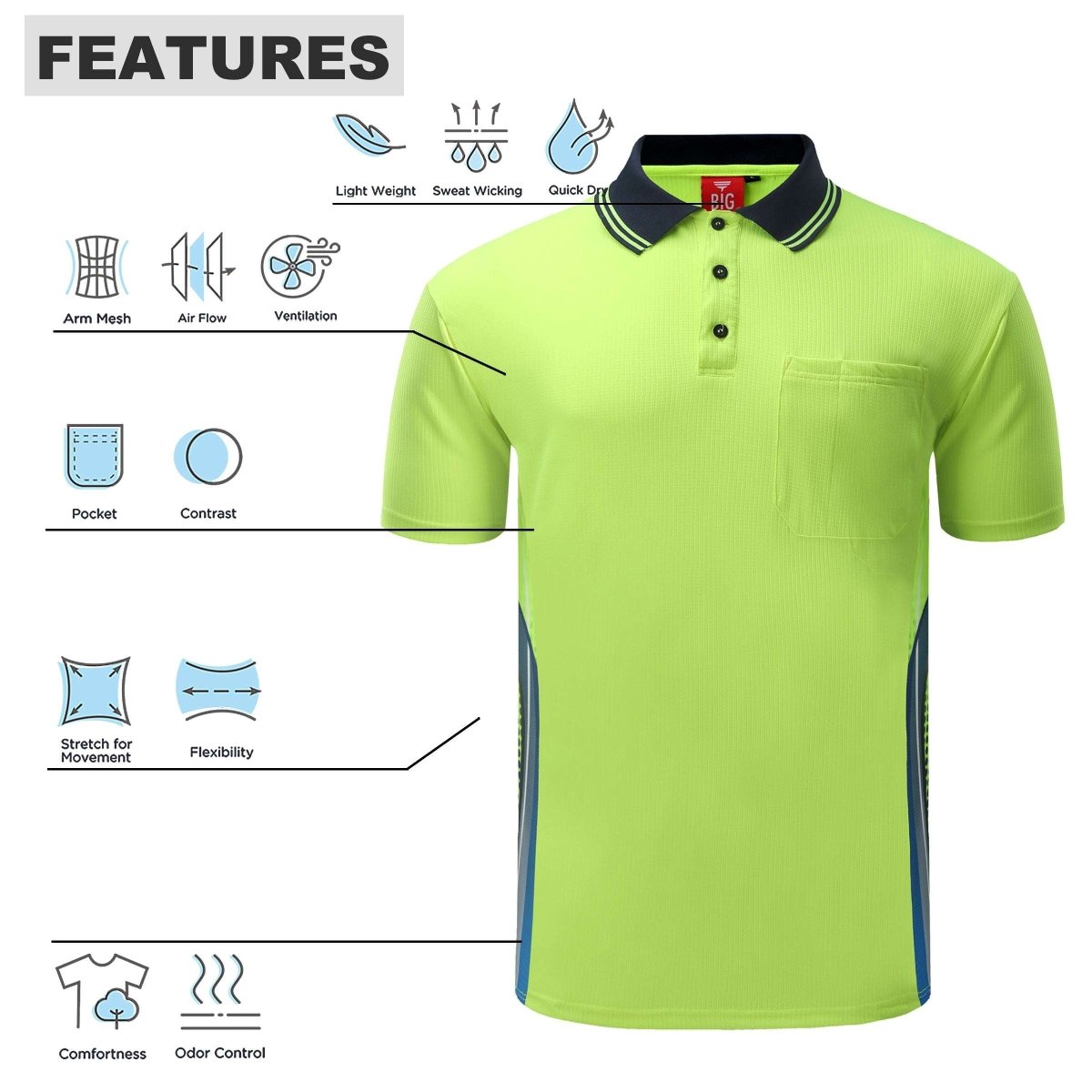 "TECH Hi-Vis work polo shirt, Short Sleeve, key features – Big Bee Workwear"