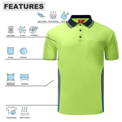 "TECH Hi-Vis work polo shirt, Short Sleeve, key features – Big Bee Workwear"