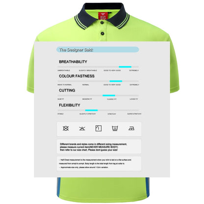 "TECH Hi-Vis work polo shirt, Short Sleeve, design notes – Big Bee Workwear"