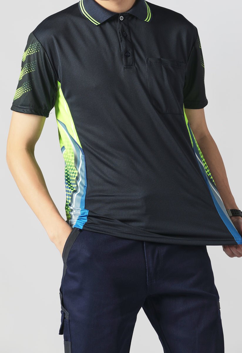 "Men’s TECH polo shirt in Navy Blue with Yellow, Short Sleeve, model front – Big Bee Workwear"