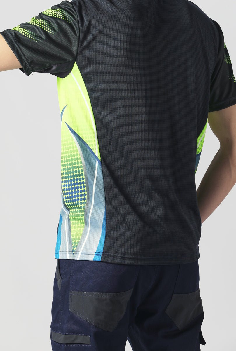 "Men’s TECH polo shirt in Navy Blue with Yellow, Short Sleeve, model back – Big Bee Workwear"