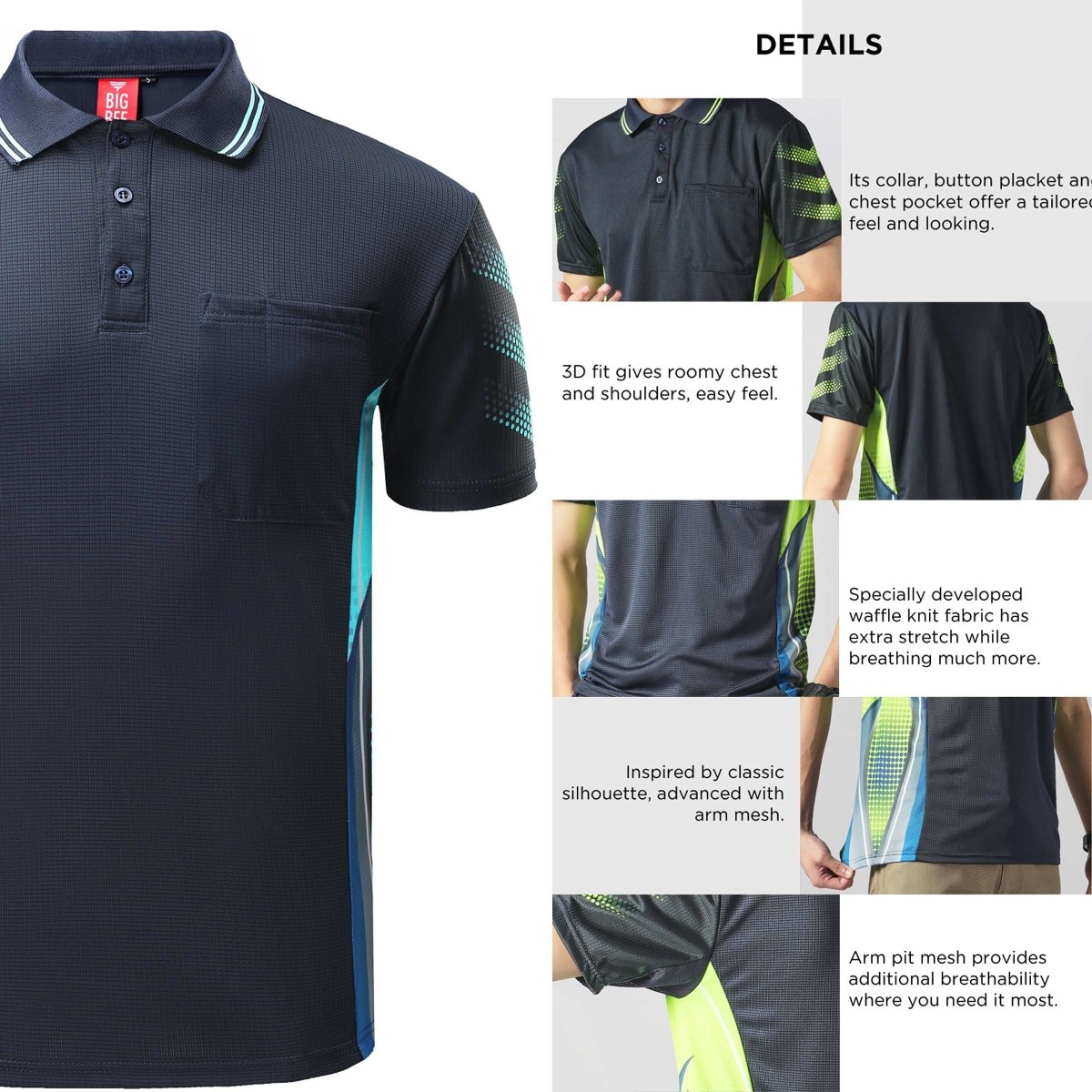 "Men’s TECH polo shirt, Short Sleeve, fabric close-up with info – Big Bee Workwear"