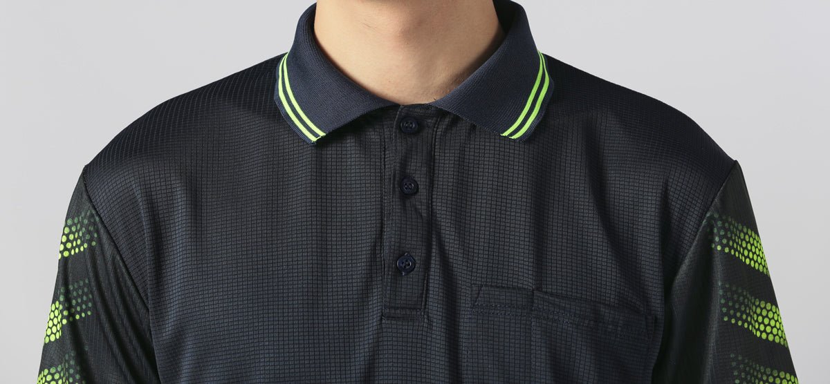 "Men’s TECH polo shirt, Short Sleeve, collar detail close-up – Big Bee Workwear"