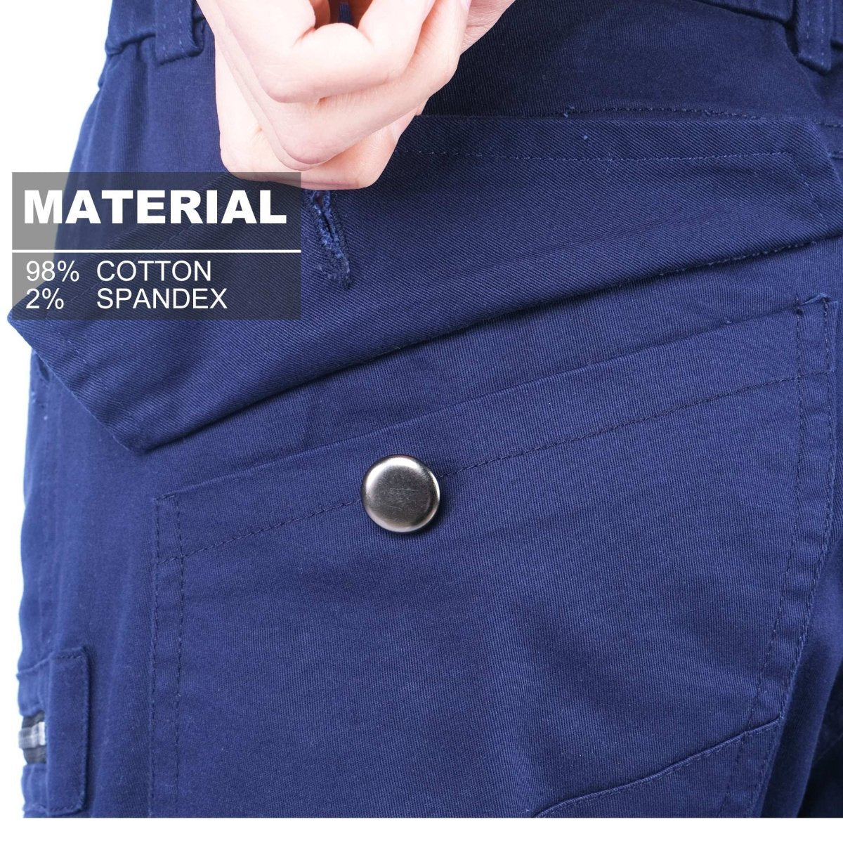 "utility work shorts fabric close-up with info – Big Bee Workwear"