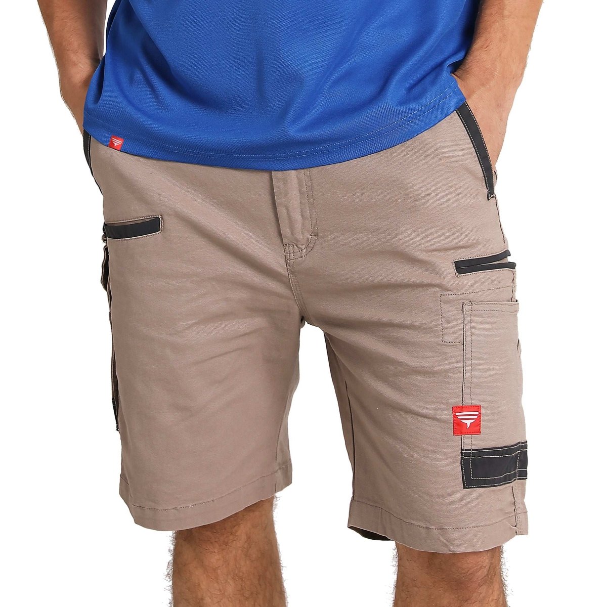 "brumby work shorts in khaki, model front – Big Bee Workwear"