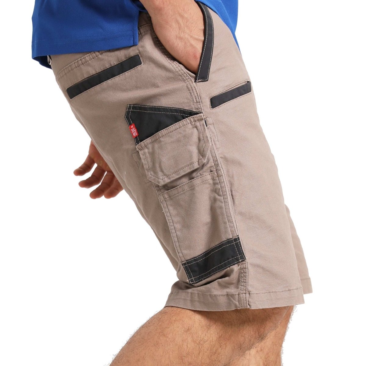 "brumby work shorts in khaki, model side – Big Bee Workwear"