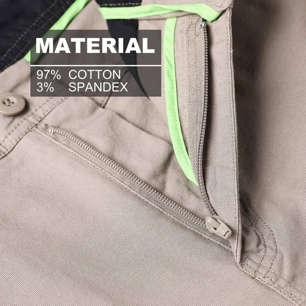 "brumby work shorts fabric close-up with info – Big Bee Workwear"