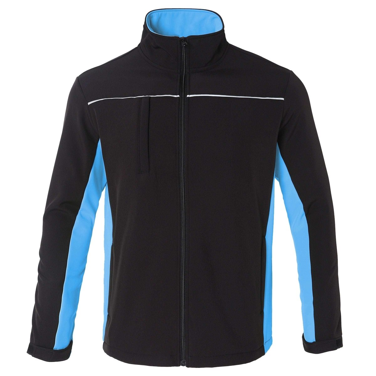 "panel softshell jacket in Black with Aqua Blue, front – Big Bee Workwear"