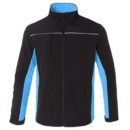 "panel softshell jacket in Black with Aqua Blue, front – Big Bee Workwear"