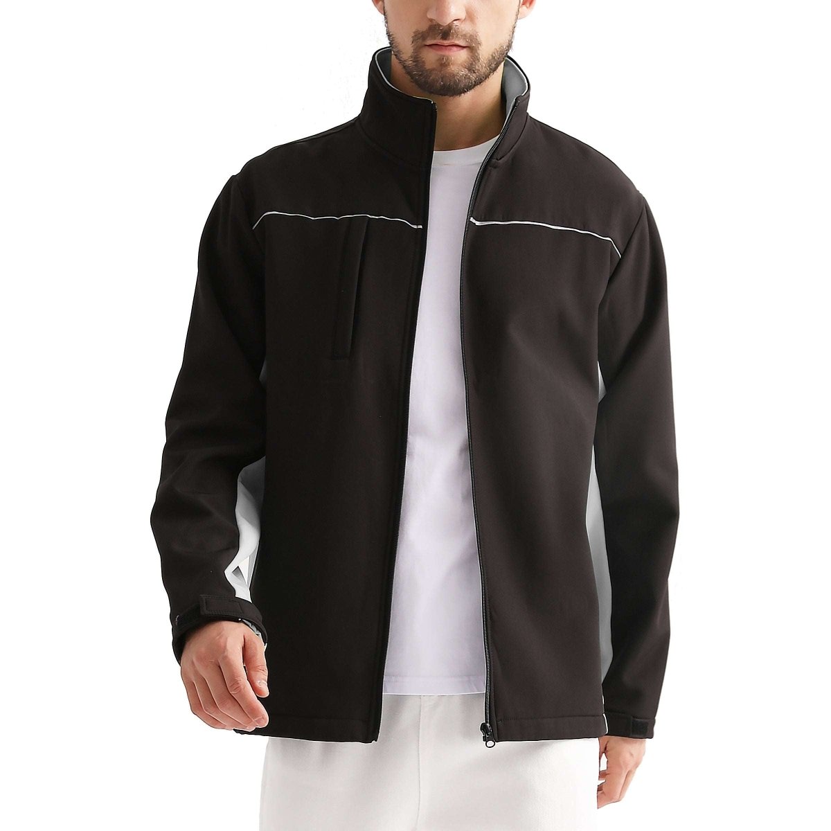"panel softshell jacket in Black with grey, model front – Big Bee Workwear"