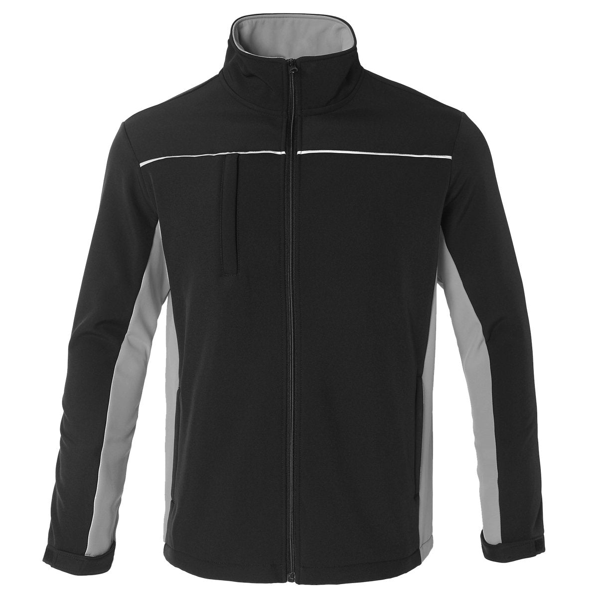 "panel softshell jacket in Black with grey, front – Big Bee Workwear"