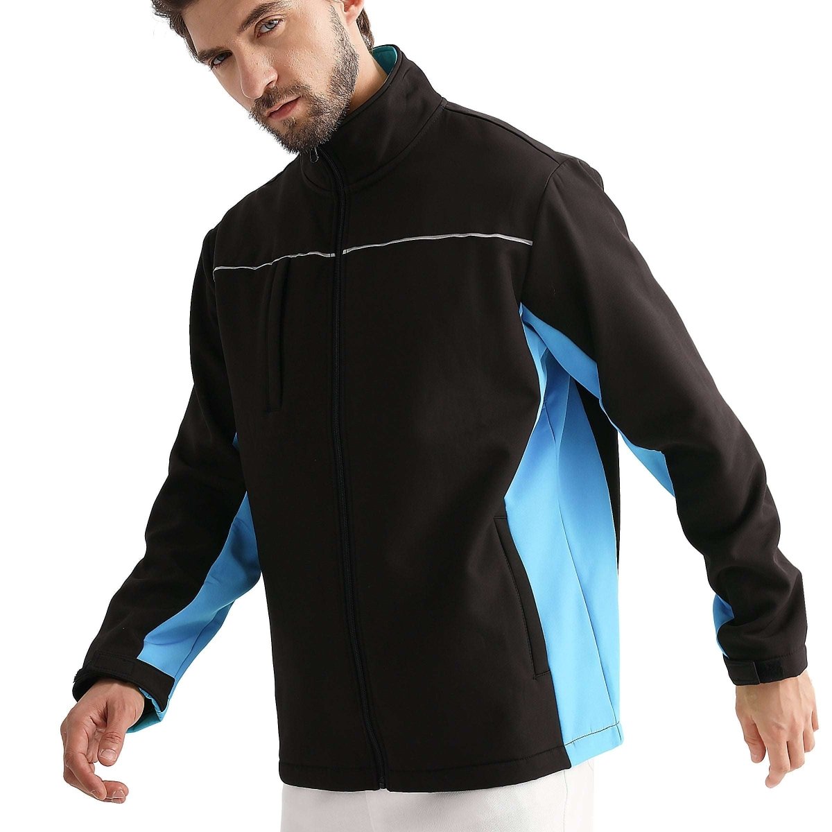 "panel softshell jacket in Black with Aqua Blue, model front – Big Bee Workwear"