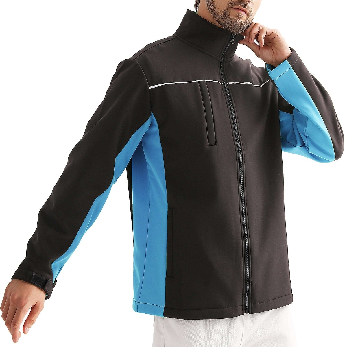 "panel softshell jacket in Black with Aqua Blue, model side – Big Bee Workwear"