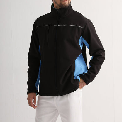 "panel softshell jacket in Black with Aqua Blue, model in action – Big Bee Workwear"