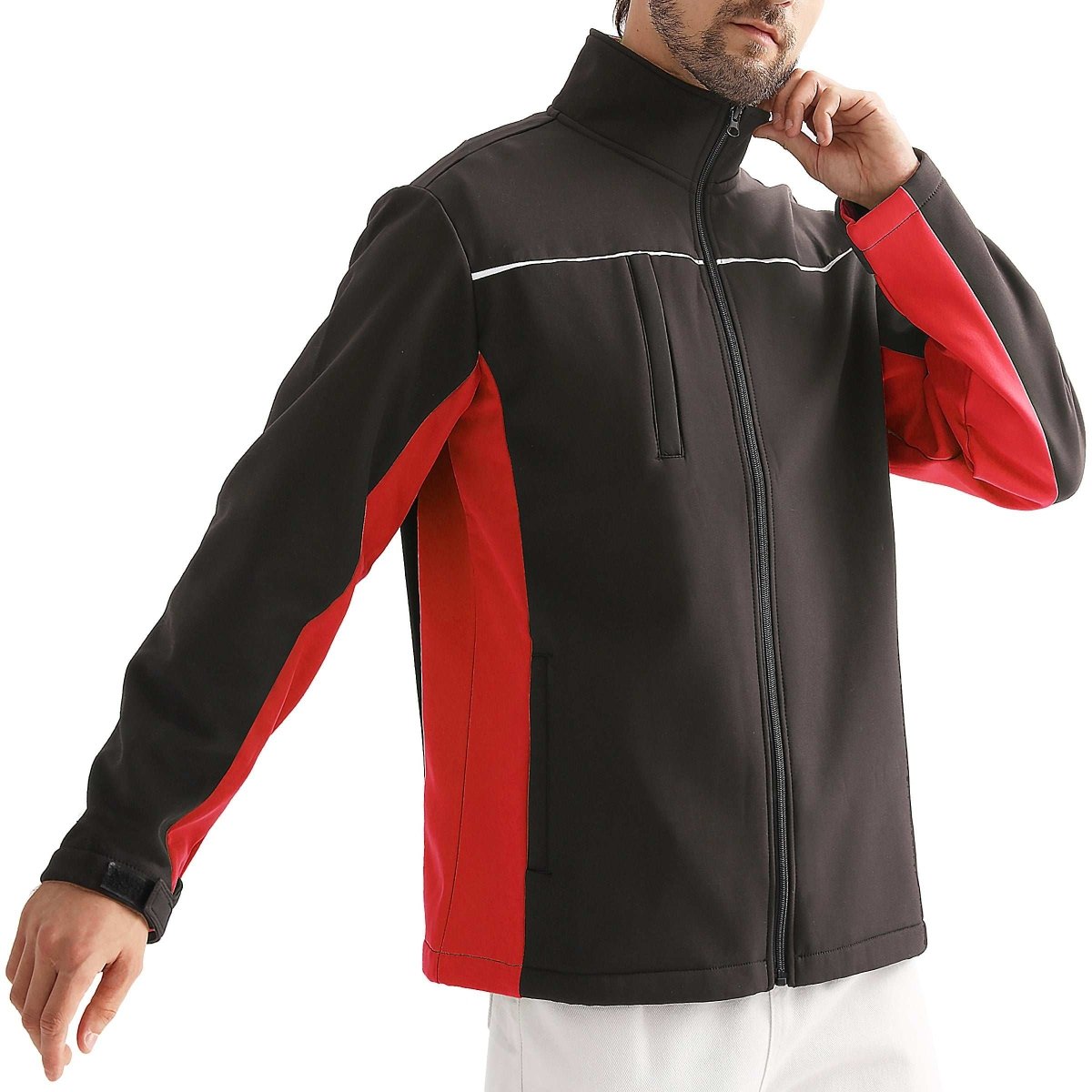 "panel softshell jacket in Black with red, model side – Big Bee Workwear"