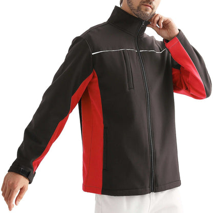 "panel softshell jacket in Black with red, model side – Big Bee Workwear"