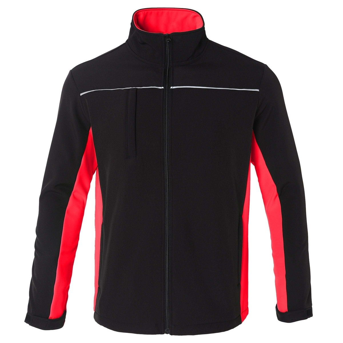 "panel softshell jacket in Black with red, front – Big Bee Workwear"