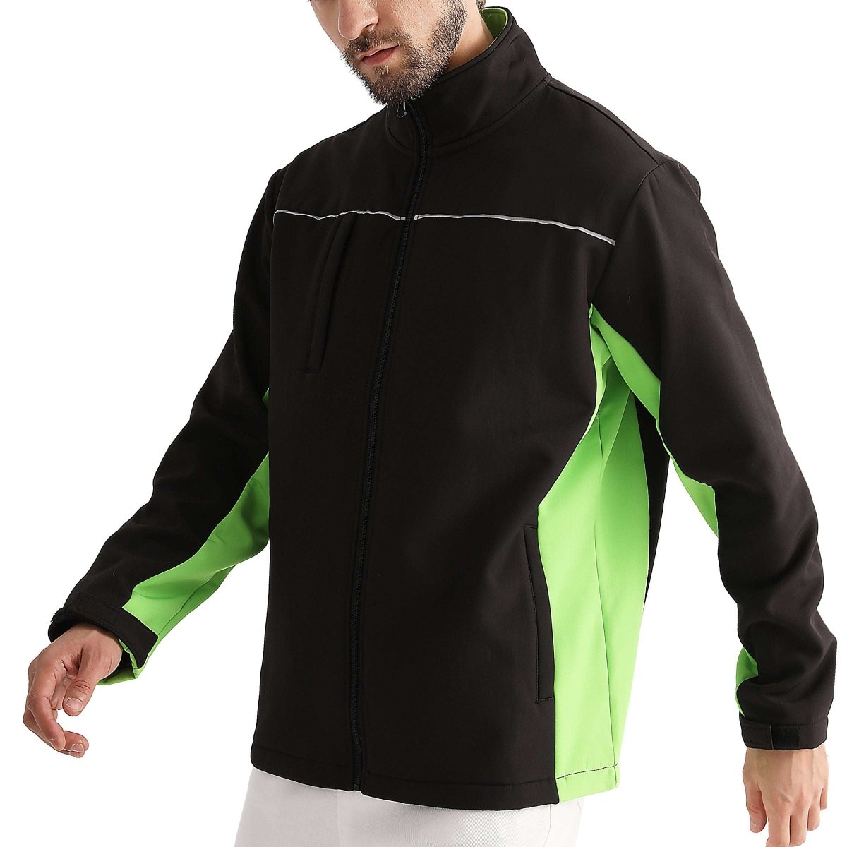 "panel softshell jacket in Black with green lime, model front – Big Bee Workwear"