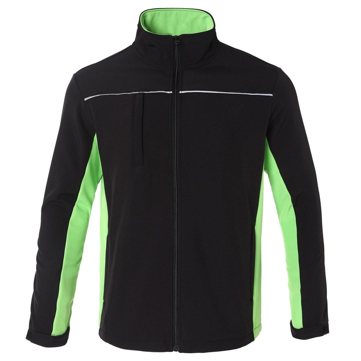 "panel softshell jacket in Black with green lime, front – Big Bee Workwear"