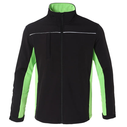 "panel softshell jacket in Black with green lime, front – Big Bee Workwear"