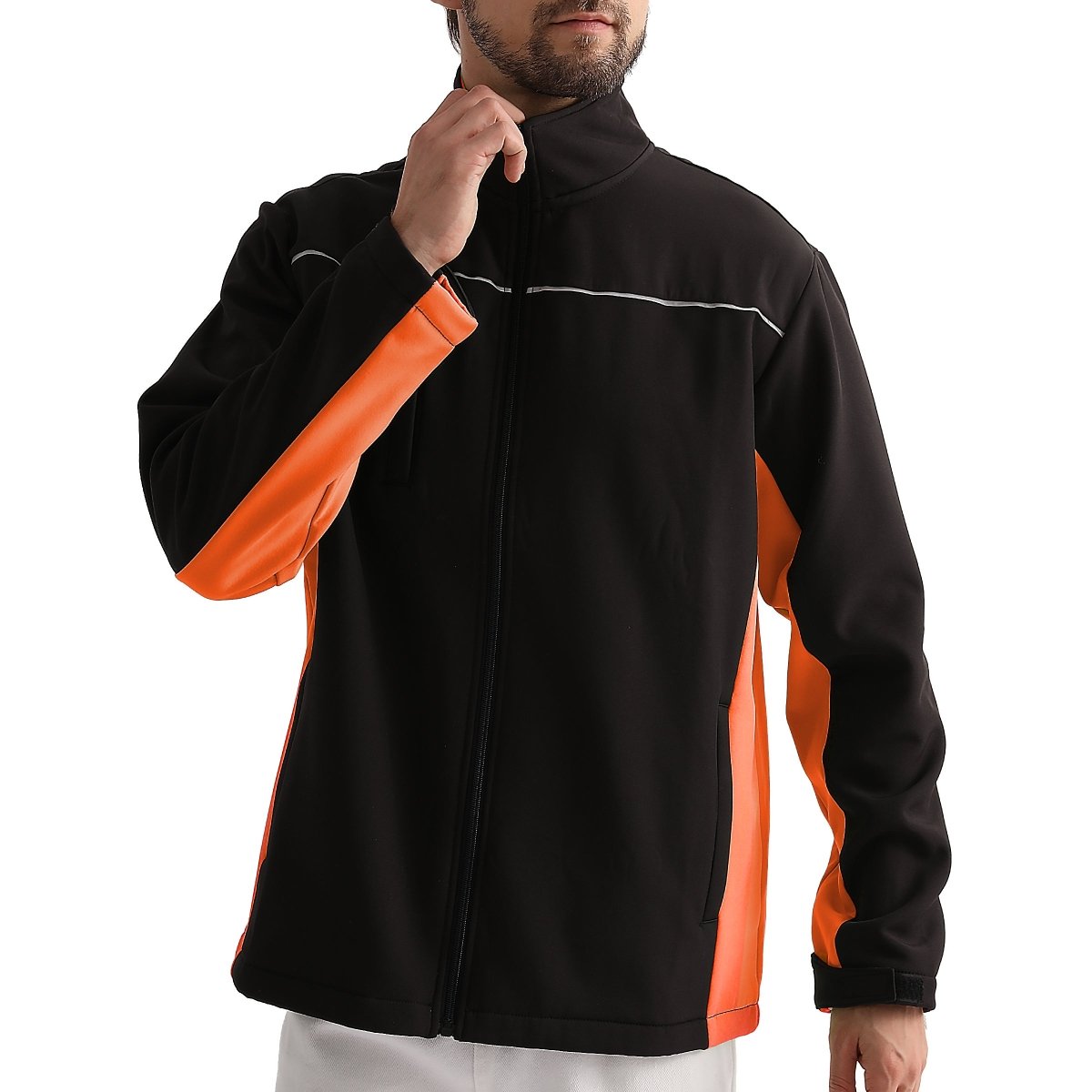 "panel softshell jacket in Black with orange, model front – Big Bee Workwear"